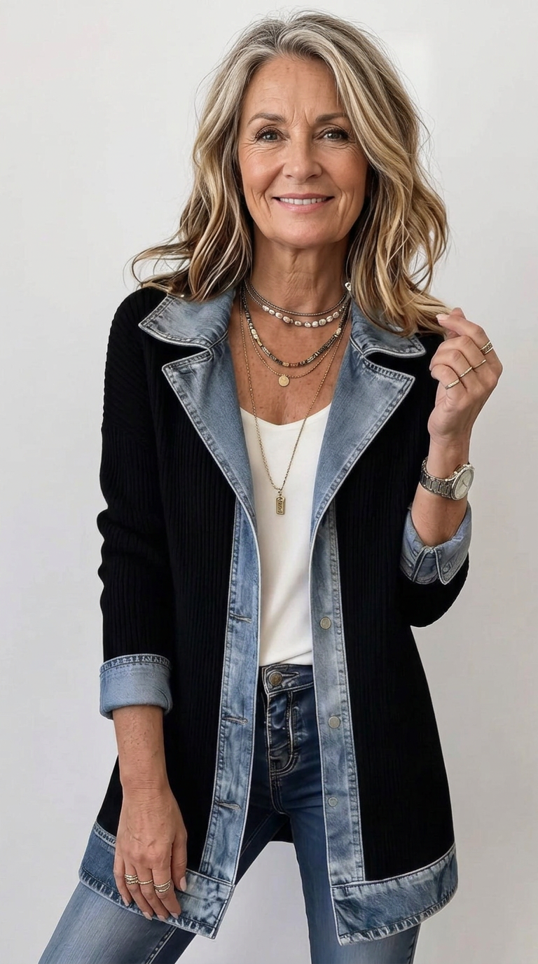 Women’s Mixed Denim Blazer Jacket with Contrast Lapels and Turn-Up Cuffs