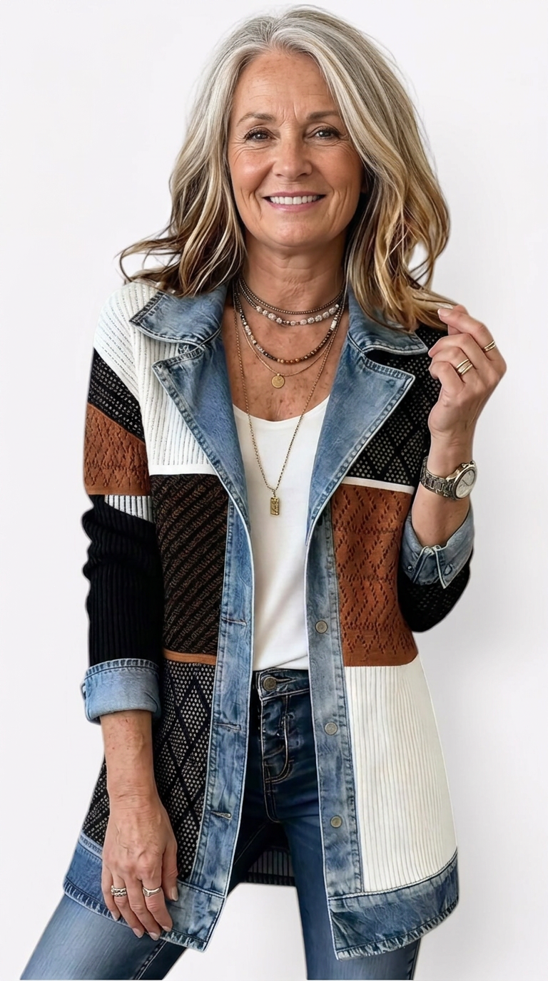 Women’s Mixed Denim Blazer Jacket with Contrast Lapels and Turn-Up Cuffs