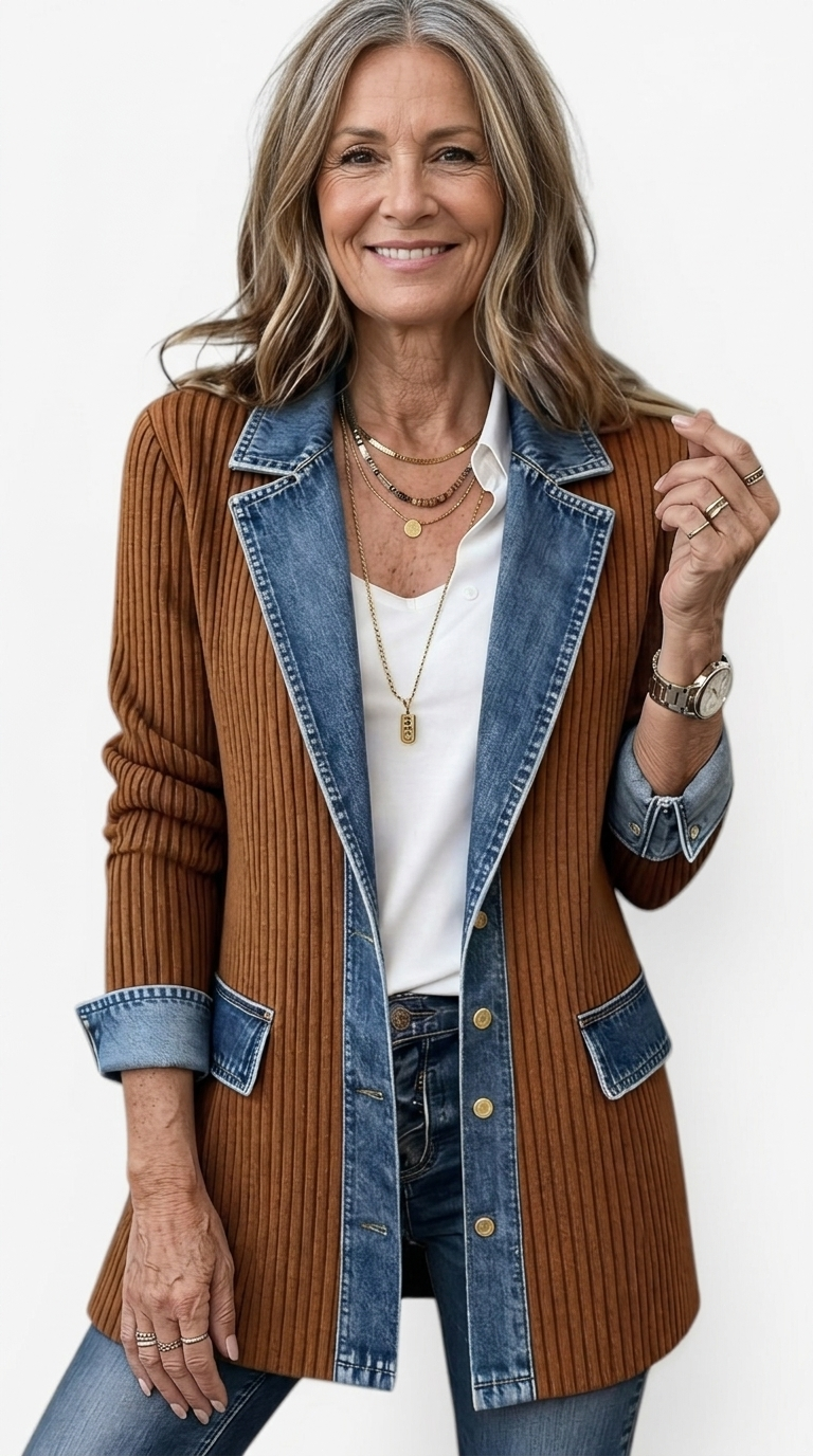 Women’s Mixed Denim Blazer Jacket with Contrast Lapels and Turn-Up Cuffs