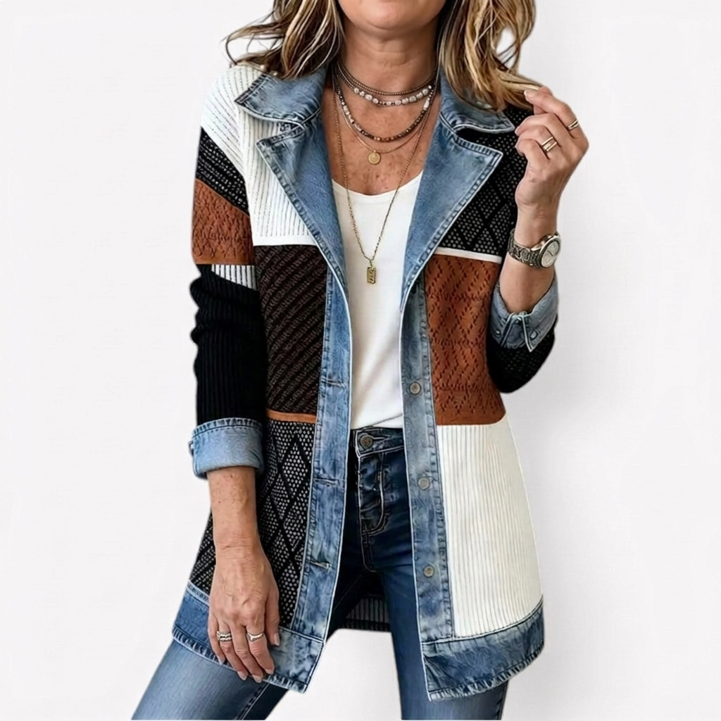 Women’s Mixed Denim Blazer Jacket with Contrast Lapels and Turn-Up Cuffs