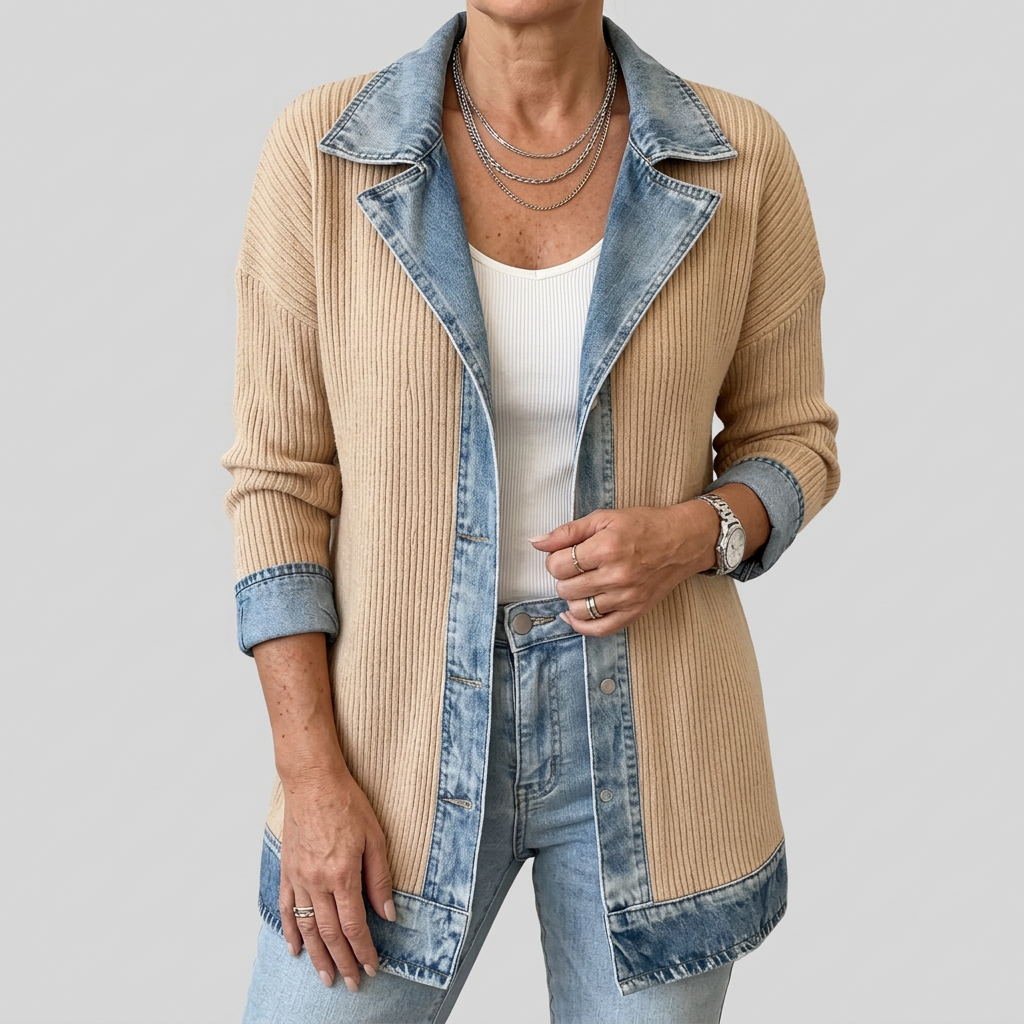 Women’s Mixed Denim Blazer Jacket with Contrast Lapels and Turn-Up Cuffs