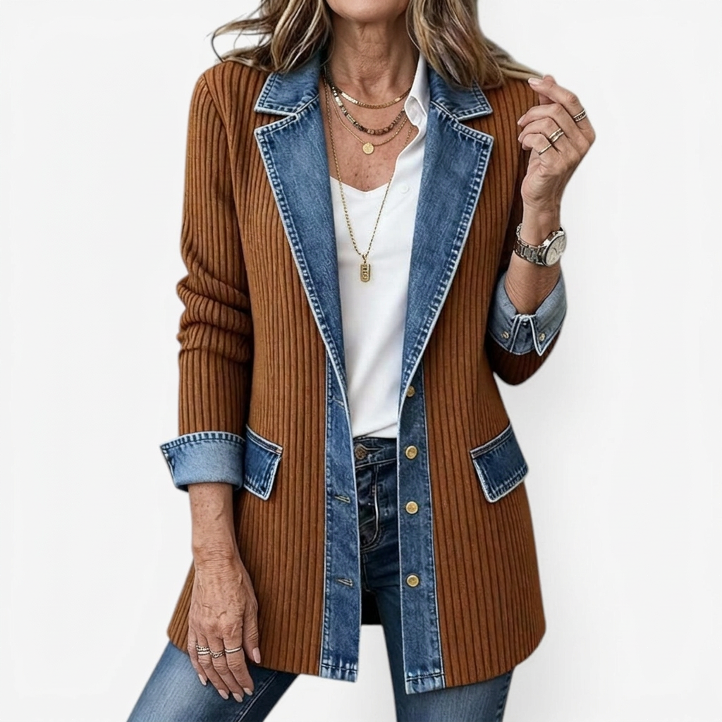 Women’s Mixed Denim Blazer Jacket with Contrast Lapels and Turn-Up Cuffs