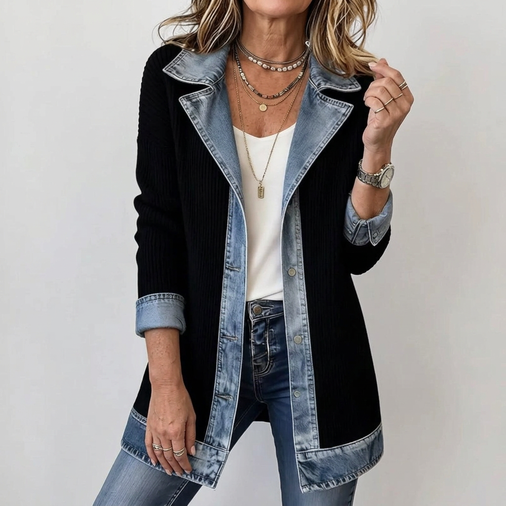 Women’s Mixed Denim Blazer Jacket with Contrast Lapels and Turn-Up Cuffs