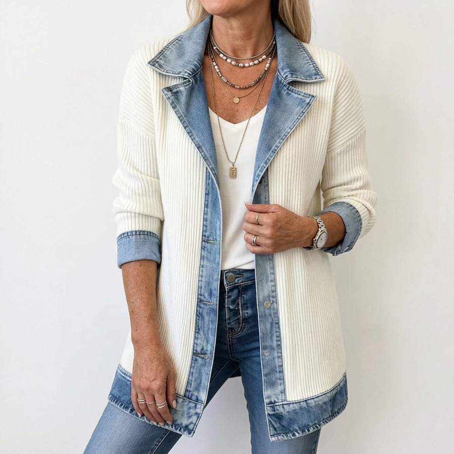 Women’s Mixed Denim Blazer Jacket with Contrast Lapels and Turn-Up Cuffs