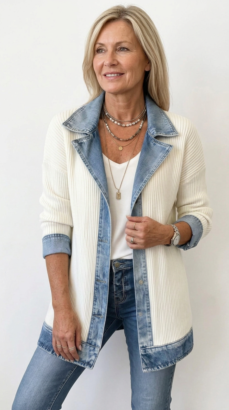 Women’s Mixed Denim Blazer Jacket with Contrast Lapels and Turn-Up Cuffs