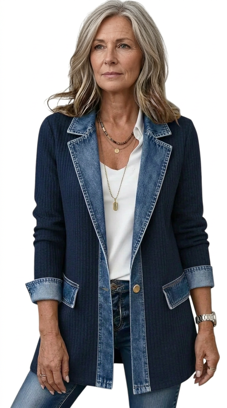 Women’s Mixed Denim Blazer Jacket with Contrast Lapels and Turn-Up Cuffs