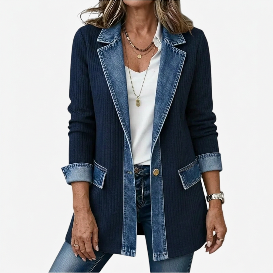 Women’s Mixed Denim Blazer Jacket with Contrast Lapels and Turn-Up Cuffs
