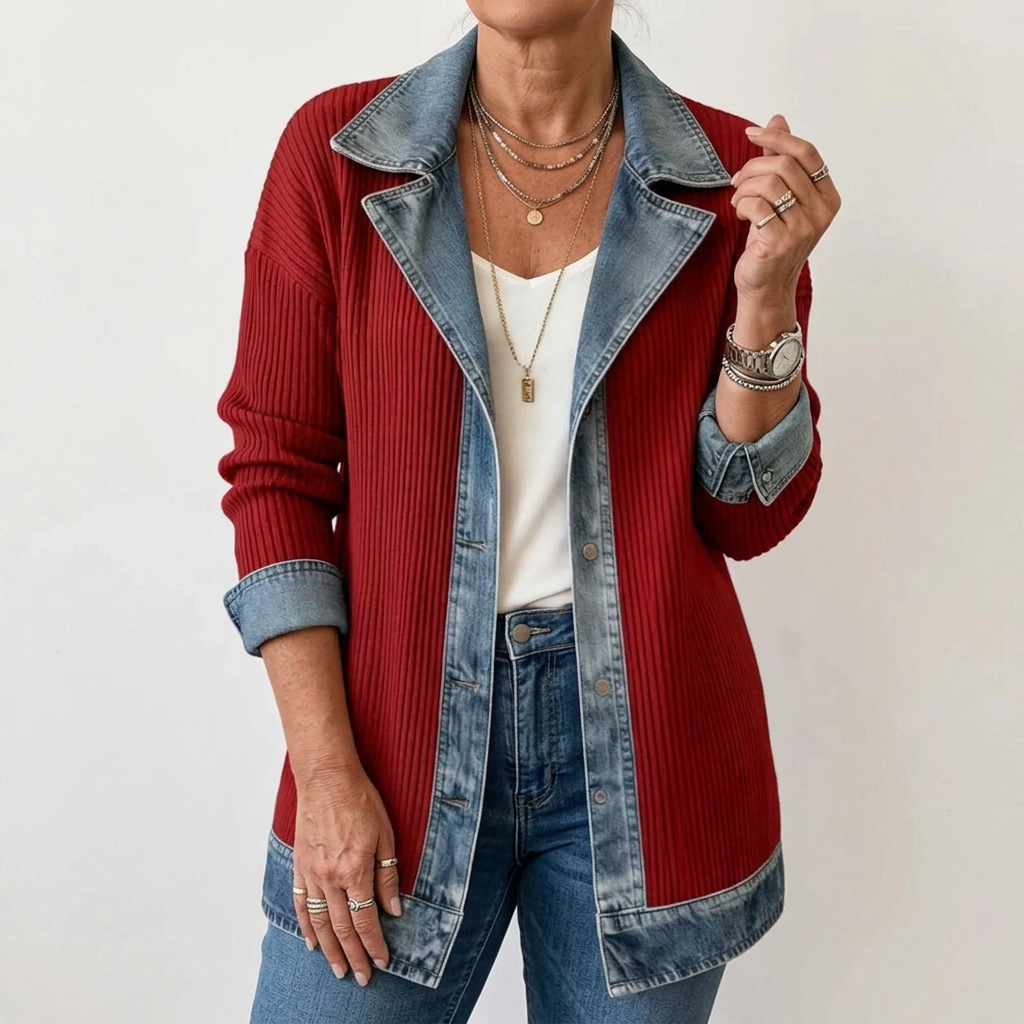 Women’s Mixed Denim Blazer Jacket with Contrast Lapels and Turn-Up Cuffs