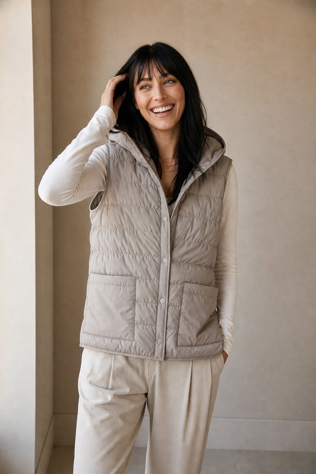 Women's Hooded Quilted Puffer Vest with Snap Button Front