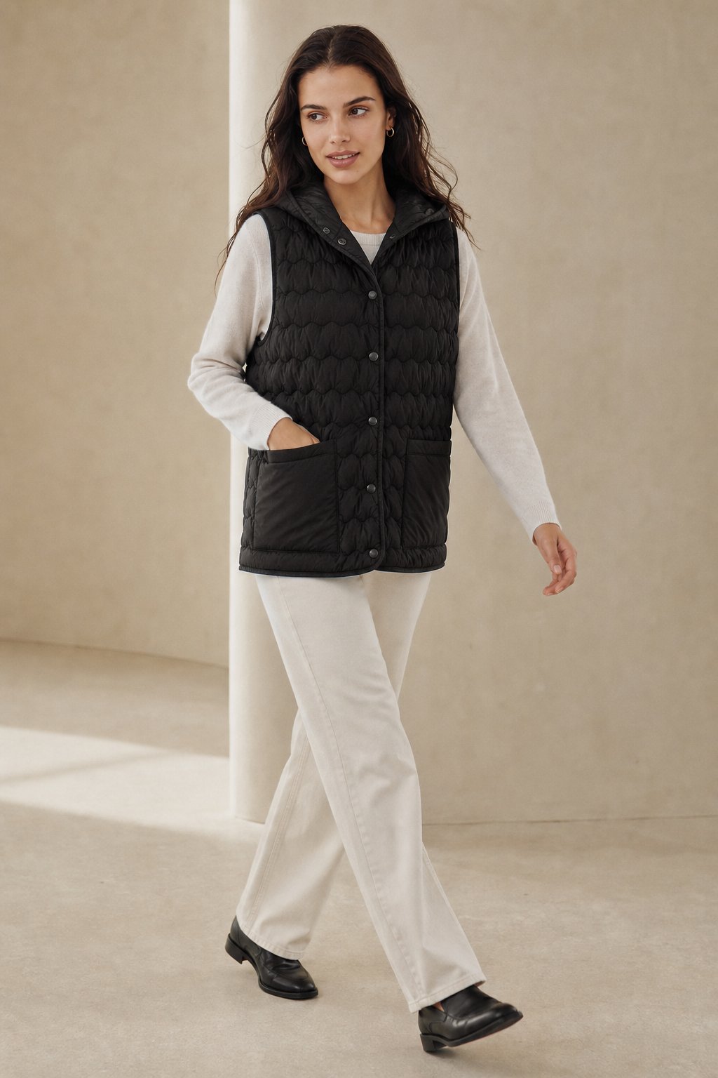 Women's Hooded Quilted Puffer Vest with Snap Button Front