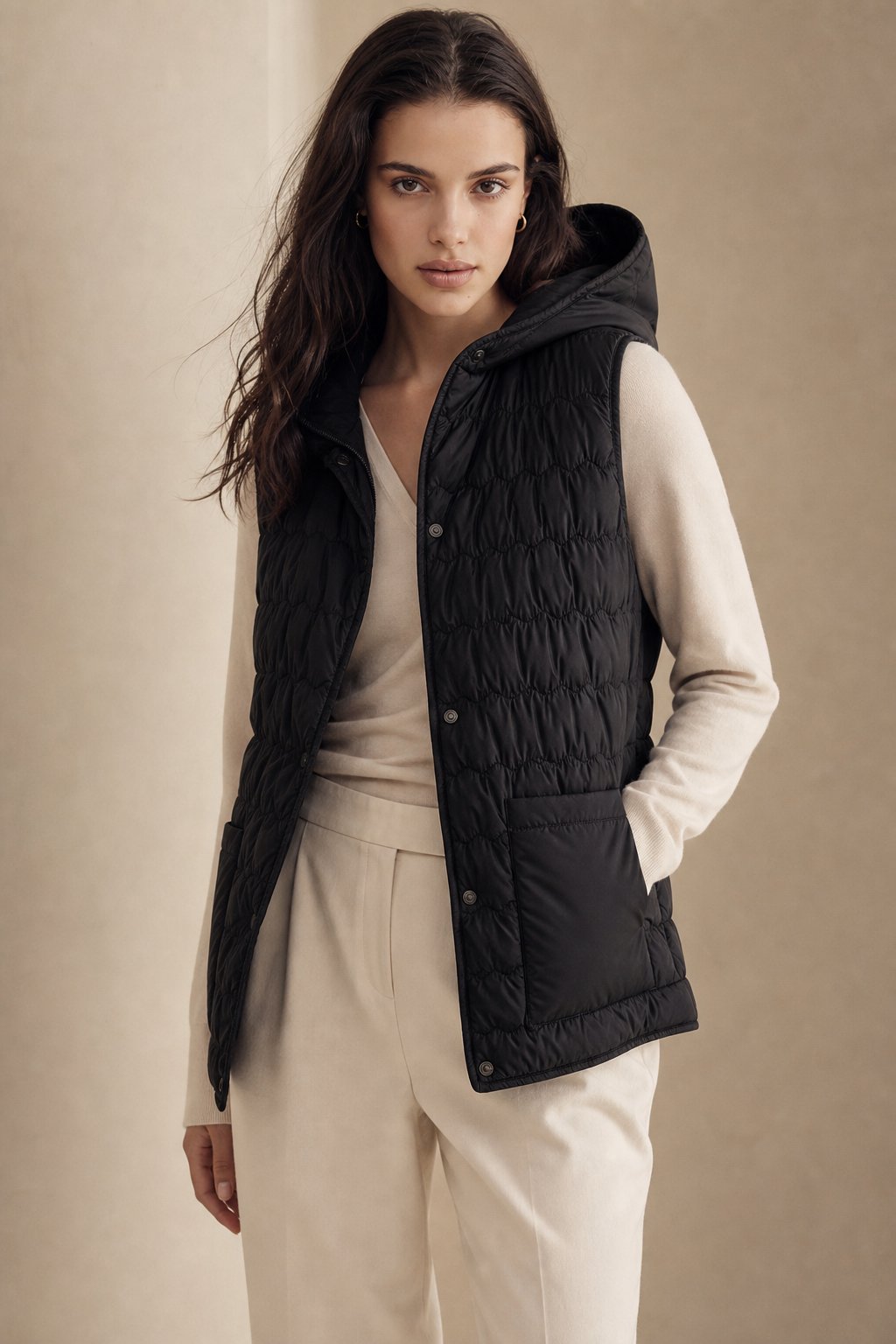 Women's Hooded Quilted Puffer Vest with Snap Button Front
