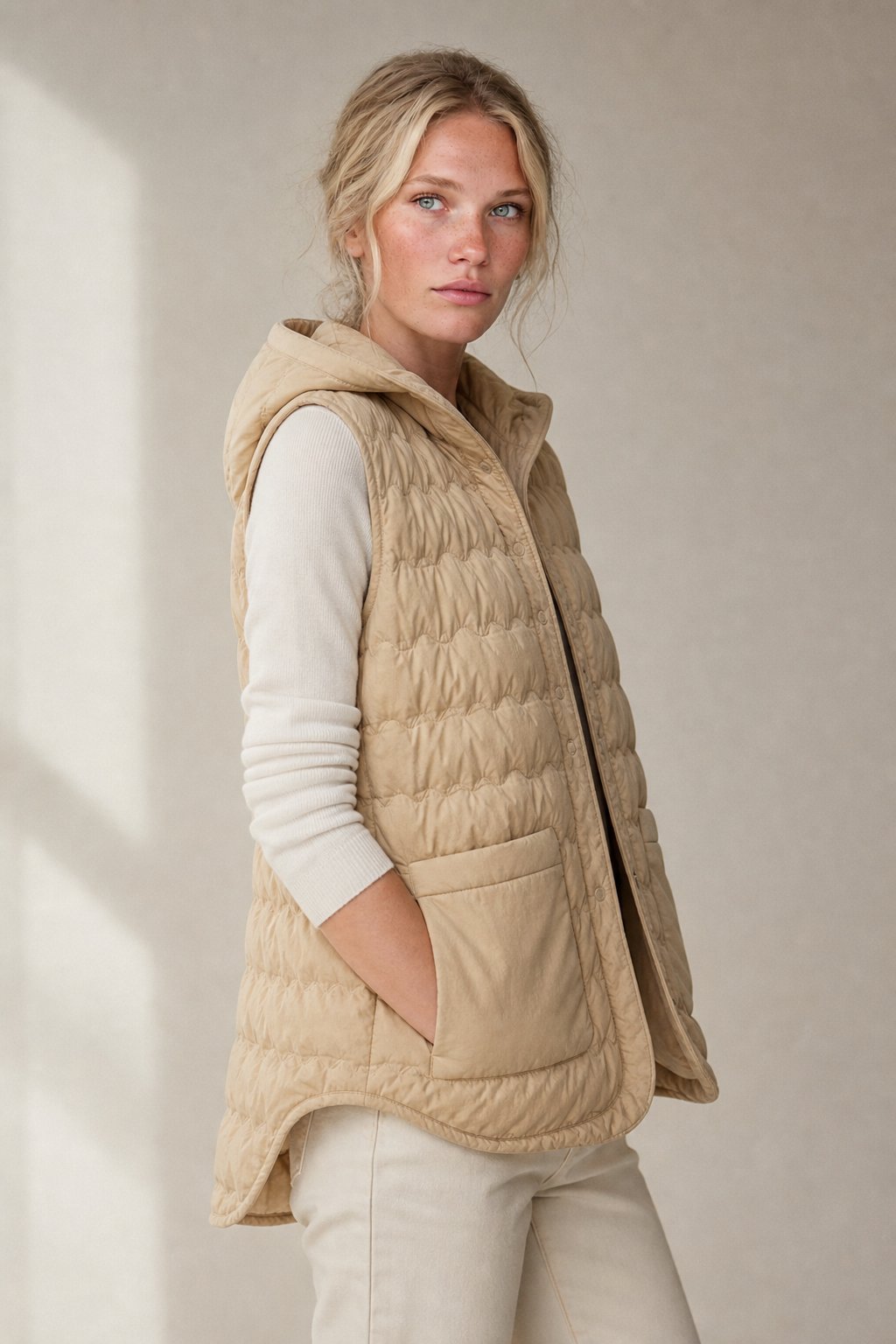 Women's Hooded Quilted Puffer Vest with Snap Button Front