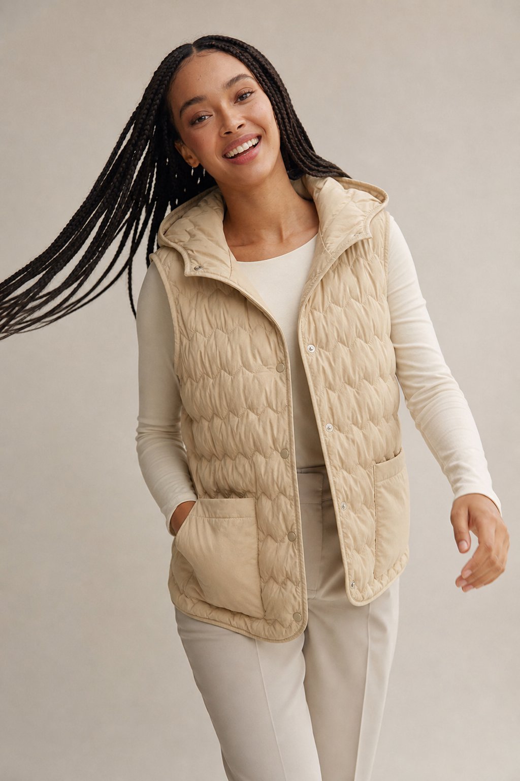 Women's Hooded Quilted Puffer Vest with Snap Button Front