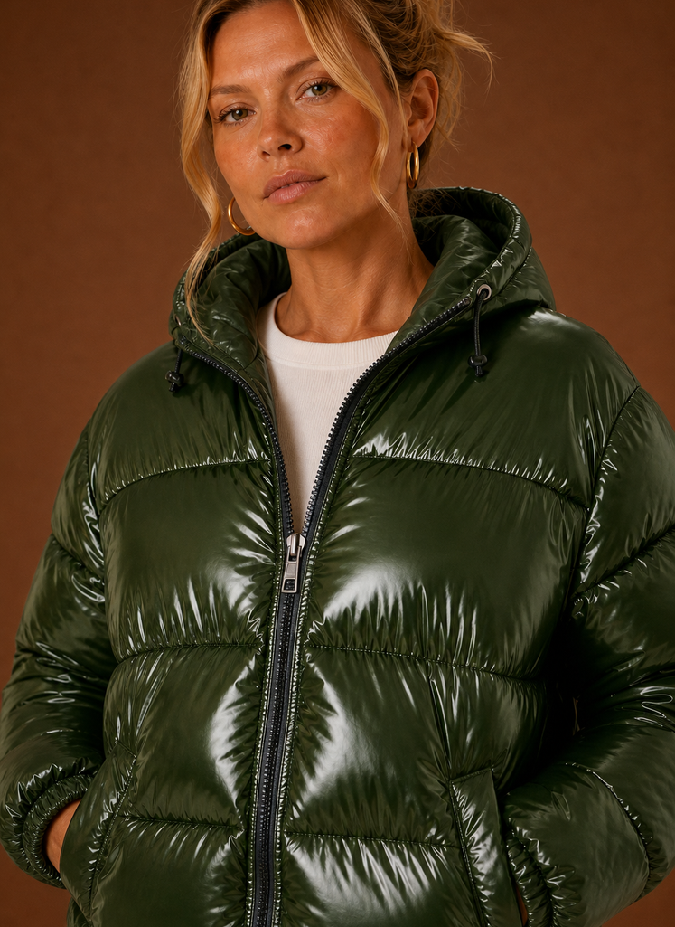Women's Oversized Hooded Puffer Jacket with Full Zip and Side Pockets