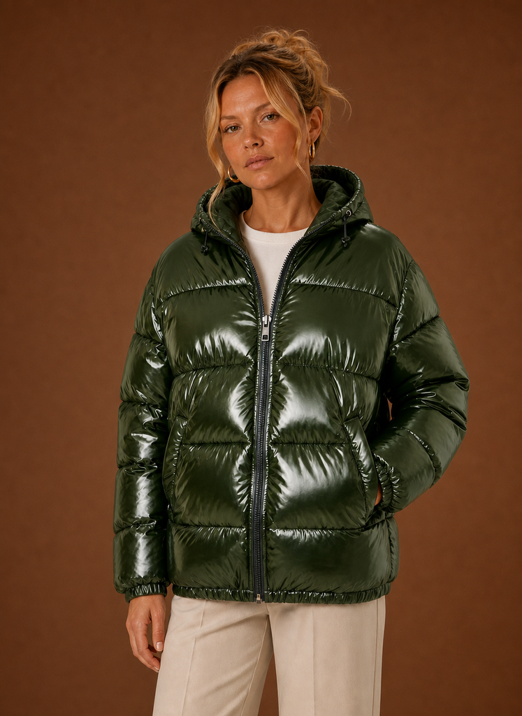 Women's Oversized Hooded Puffer Jacket with Full Zip and Side Pockets