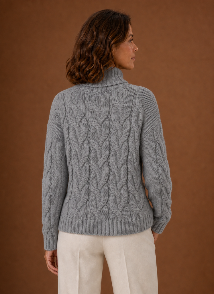 Women's Cable Knit Turtleneck Pullover Sweater with Ribbed Cuffs and Hem