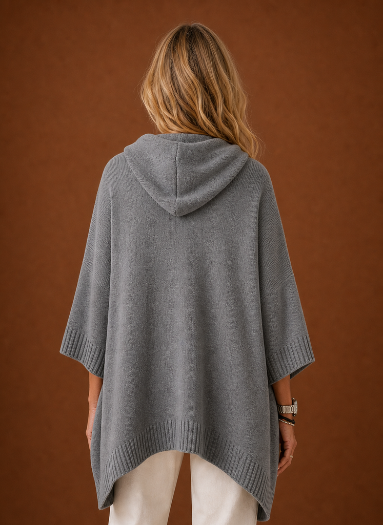 Women's Oversized Hooded Poncho Pullover with Ribbed Trim and Drawstring