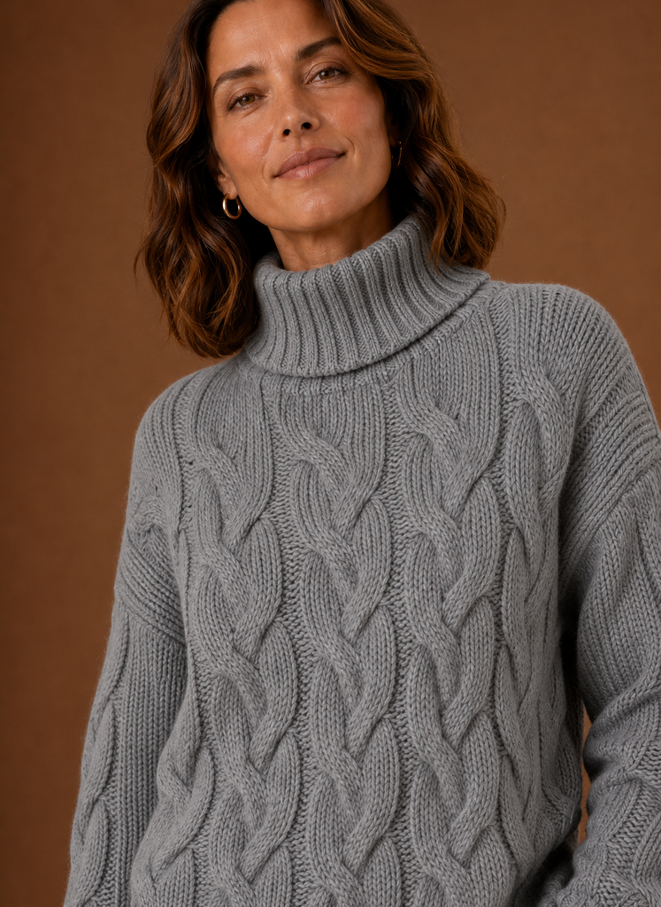 Women's Cable Knit Turtleneck Pullover Sweater with Ribbed Cuffs and Hem