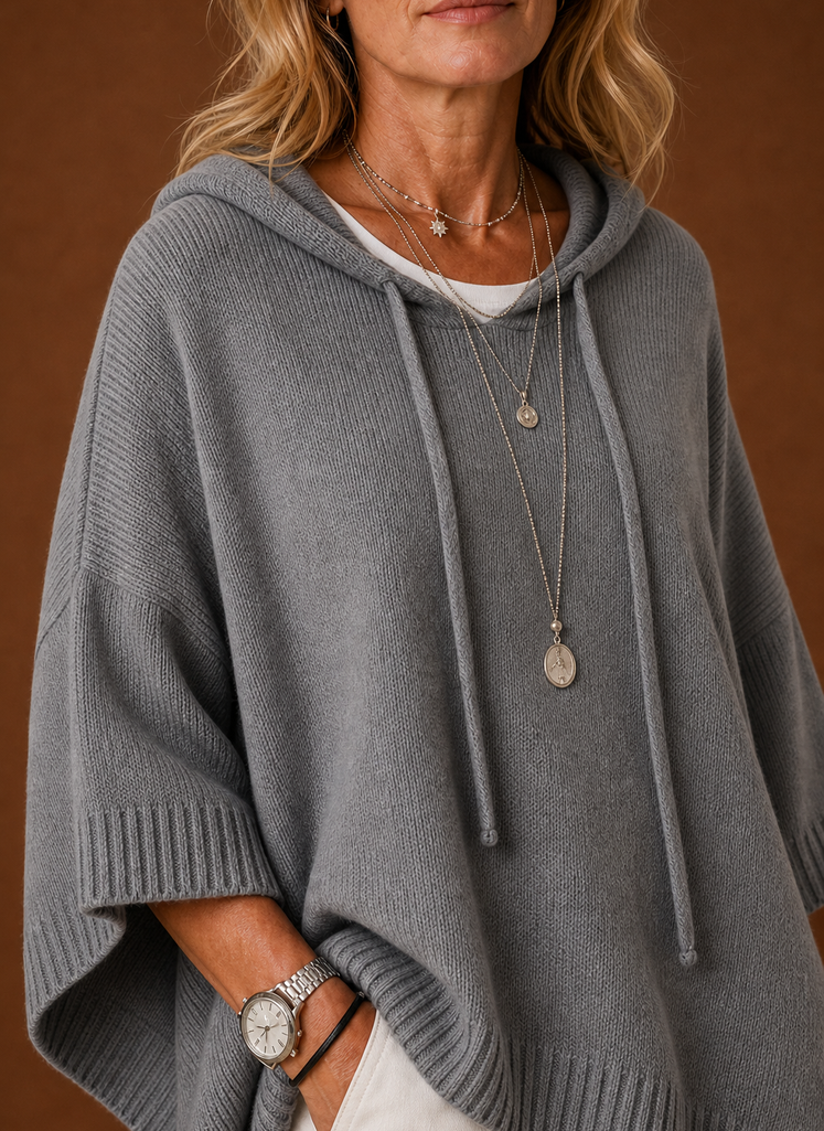 Women's Oversized Hooded Poncho Pullover with Ribbed Trim and Drawstring