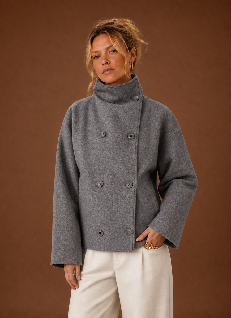 Women's Funnel Neck Double Breasted Wool Blend Jacket