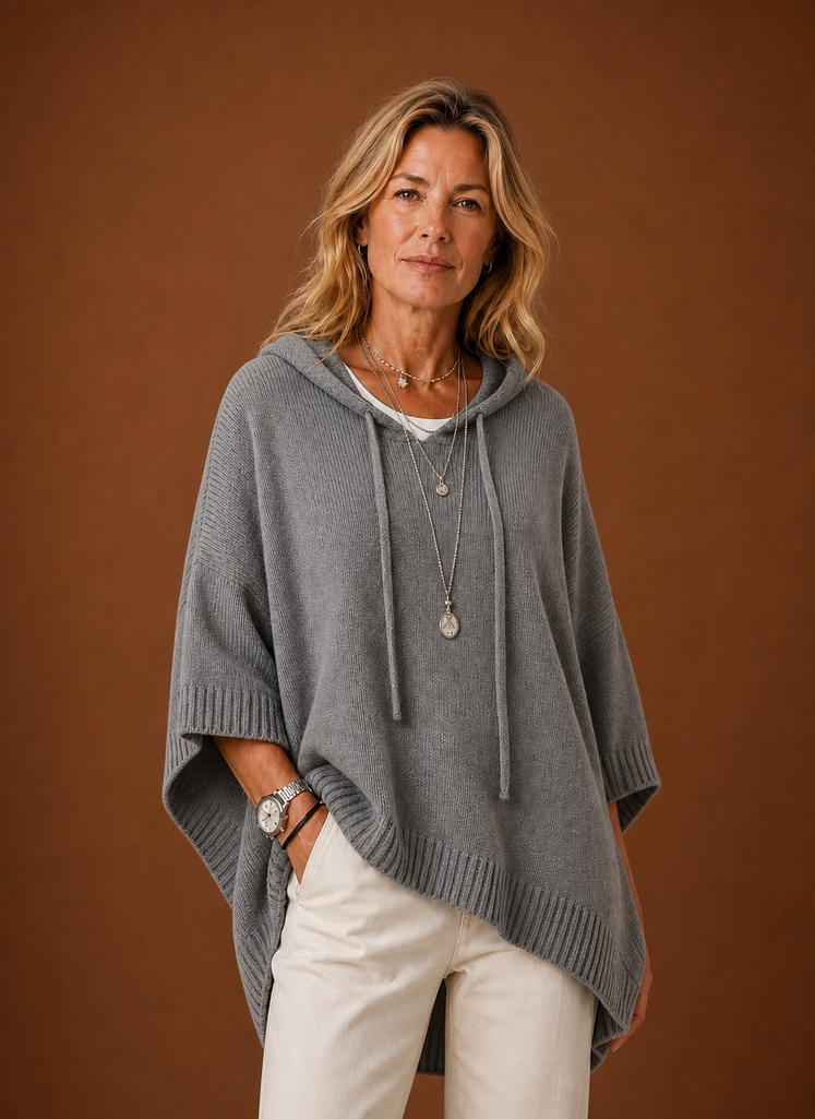 Women's Oversized Hooded Poncho Pullover with Ribbed Trim and Drawstring