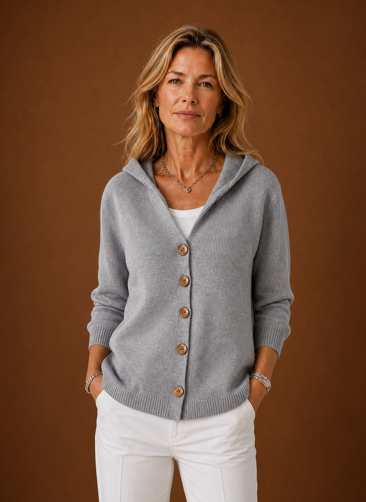Women's Hooded Knit Cardigan with Button Front and Ribbed Hem