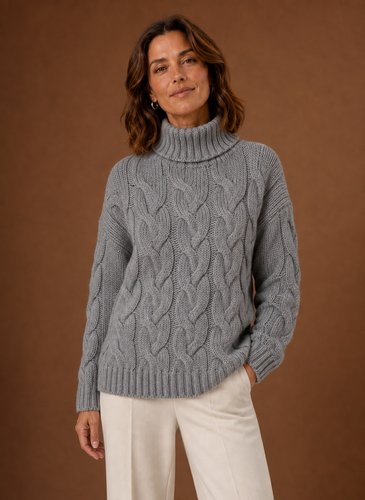 Women's Cable Knit Turtleneck Pullover Sweater with Ribbed Cuffs and Hem