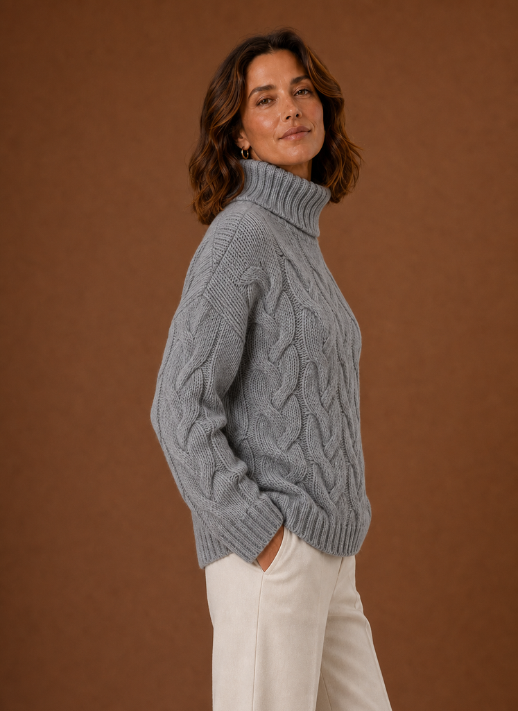 Women's Cable Knit Turtleneck Pullover Sweater with Ribbed Cuffs and Hem