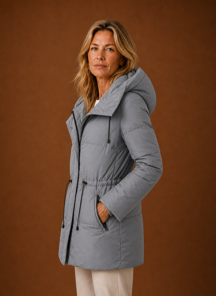 Women's Quilted Puffer Parka Jacket with Adjustable Waist and Hood