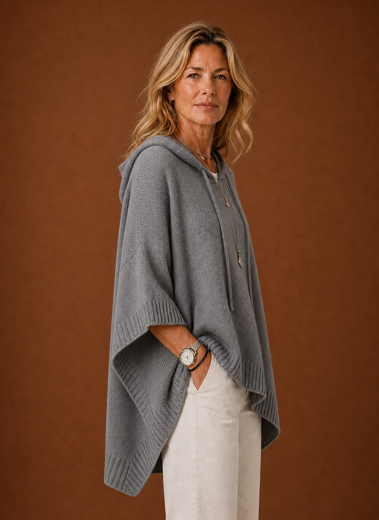 Women's Oversized Hooded Poncho Pullover with Ribbed Trim and Drawstring