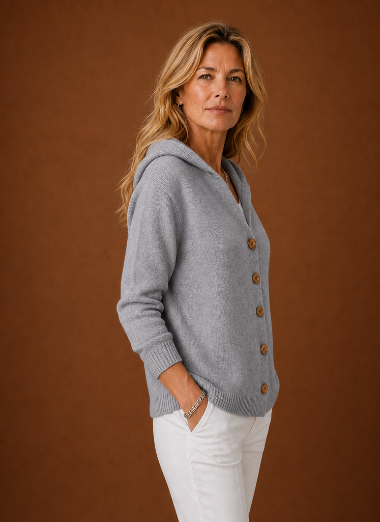 Women's Hooded Knit Cardigan with Button Front and Ribbed Hem