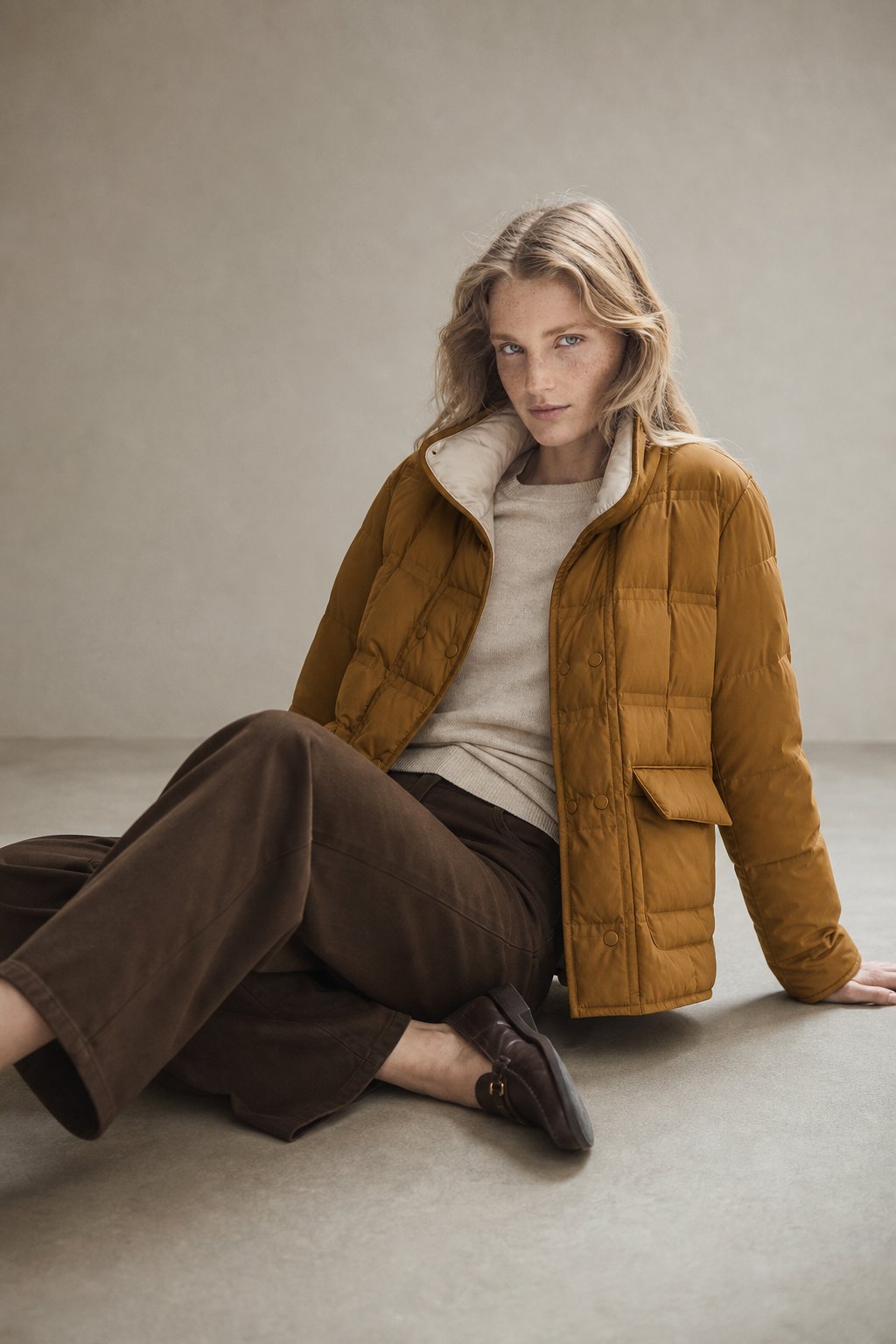 Women's Quilted Down Jacket With Sherpa Collar Snap Buttons and Front Flap Pocket