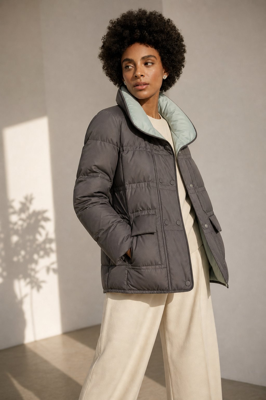 Women's Quilted Down Jacket with Sherpa Collar and Snap Buttons