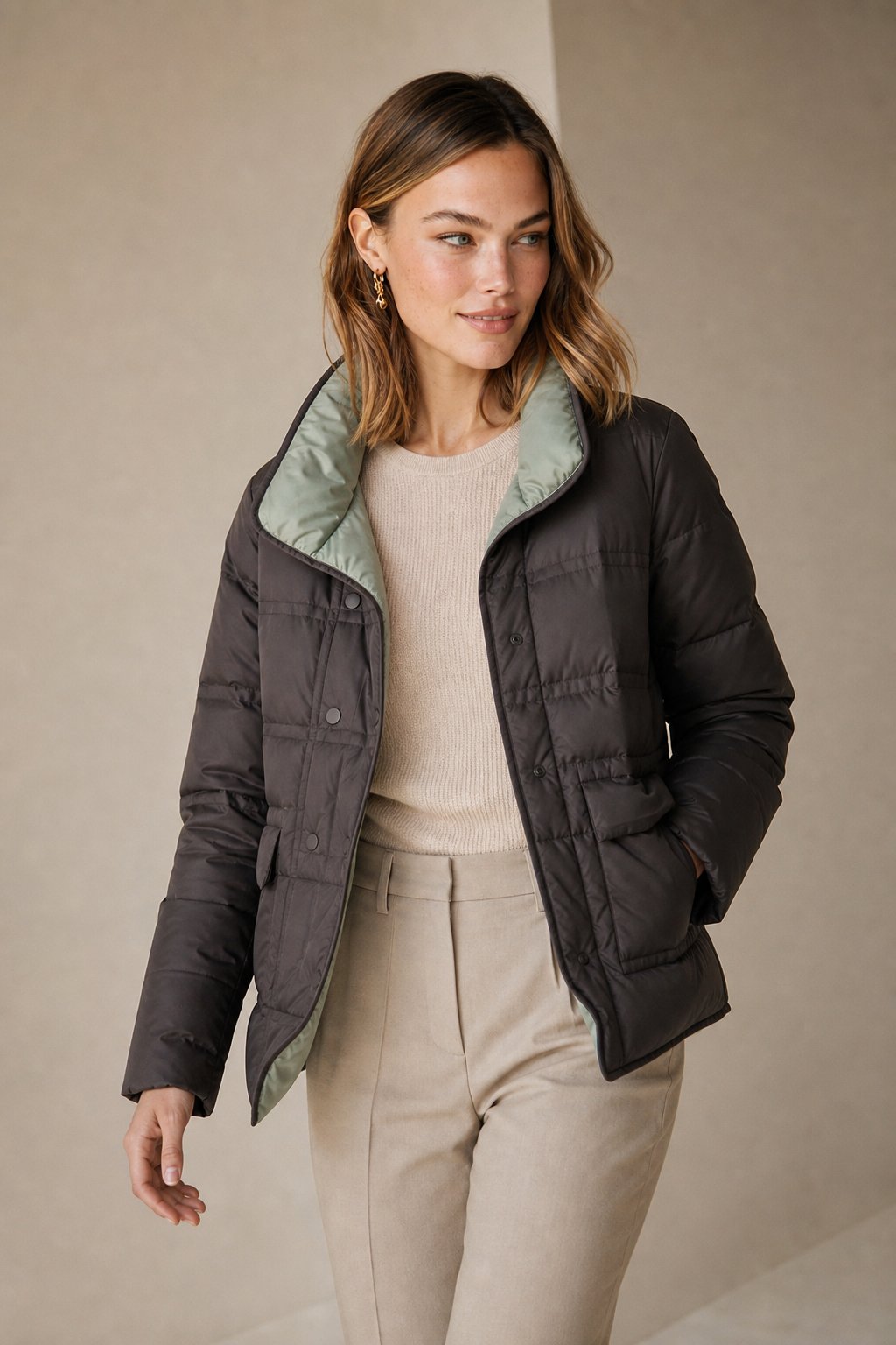 Women's Quilted Down Jacket With Sherpa Collar Snap Buttons and Front Flap Pocket