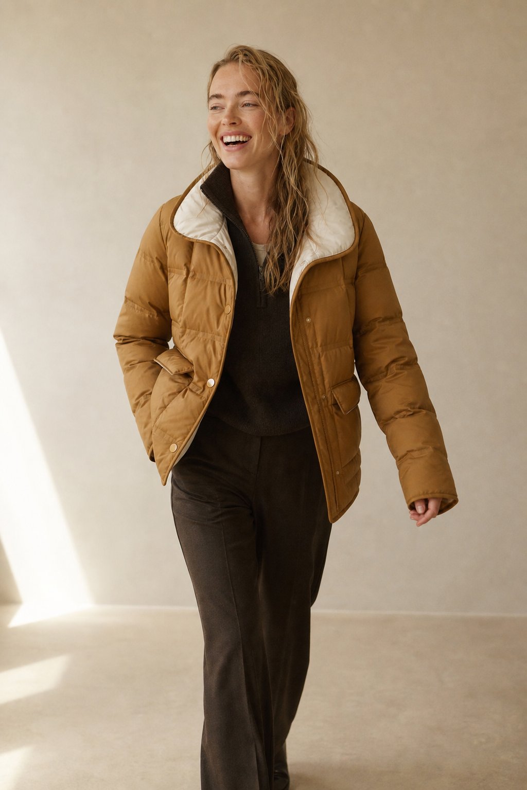 Women's Quilted Down Jacket with Sherpa Collar and Snap Buttons