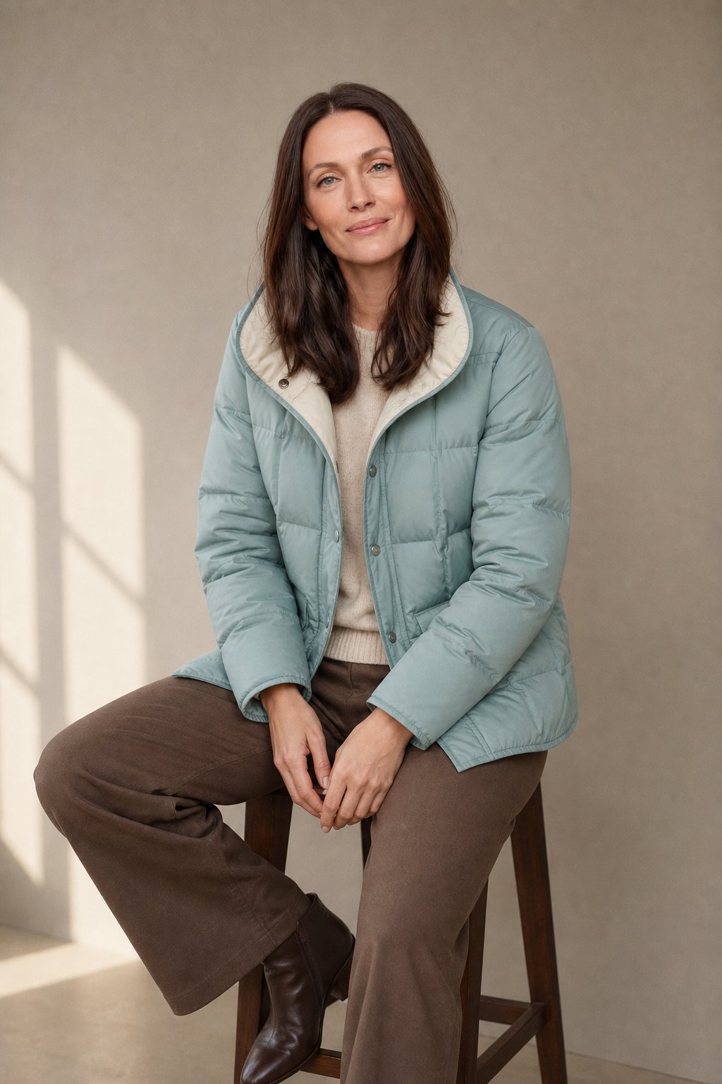 Women's Quilted Down Jacket with Sherpa Collar and Snap Buttons