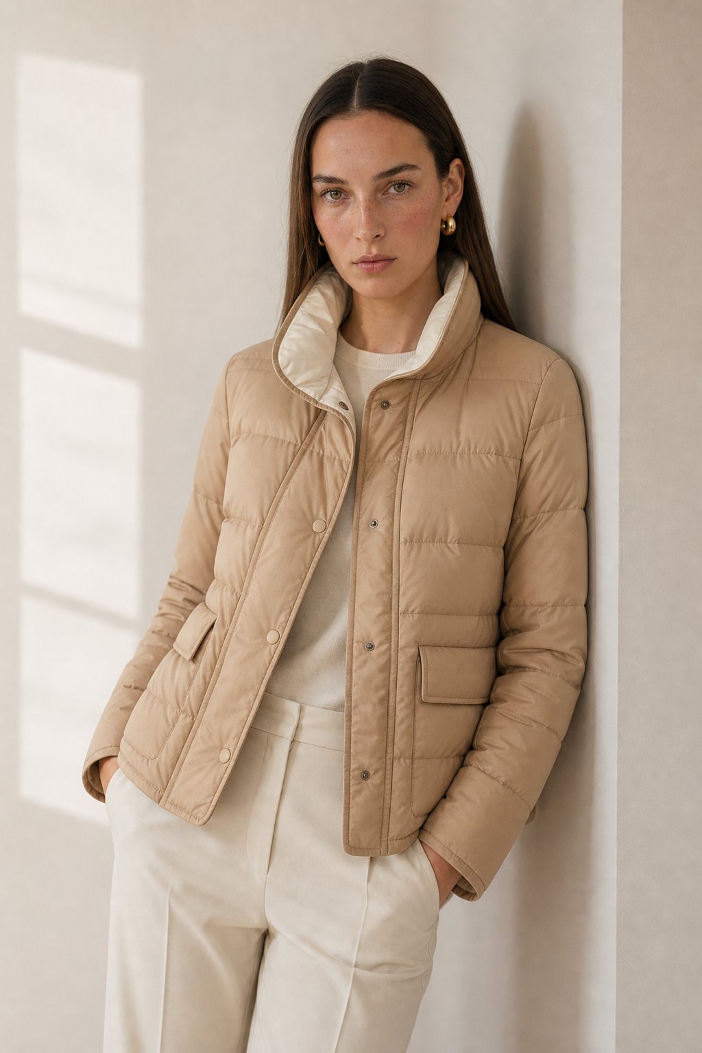 Women's Quilted Down Jacket With Sherpa Collar Snap Buttons and Front Flap Pocket