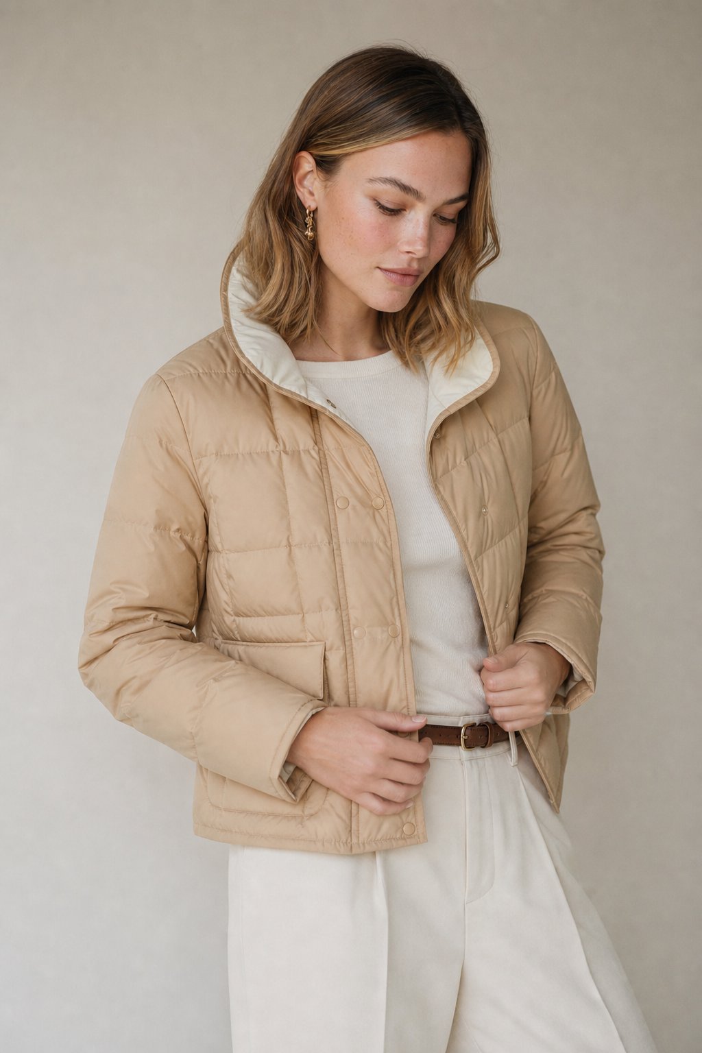 Women's Quilted Down Jacket with Sherpa Collar and Snap Buttons
