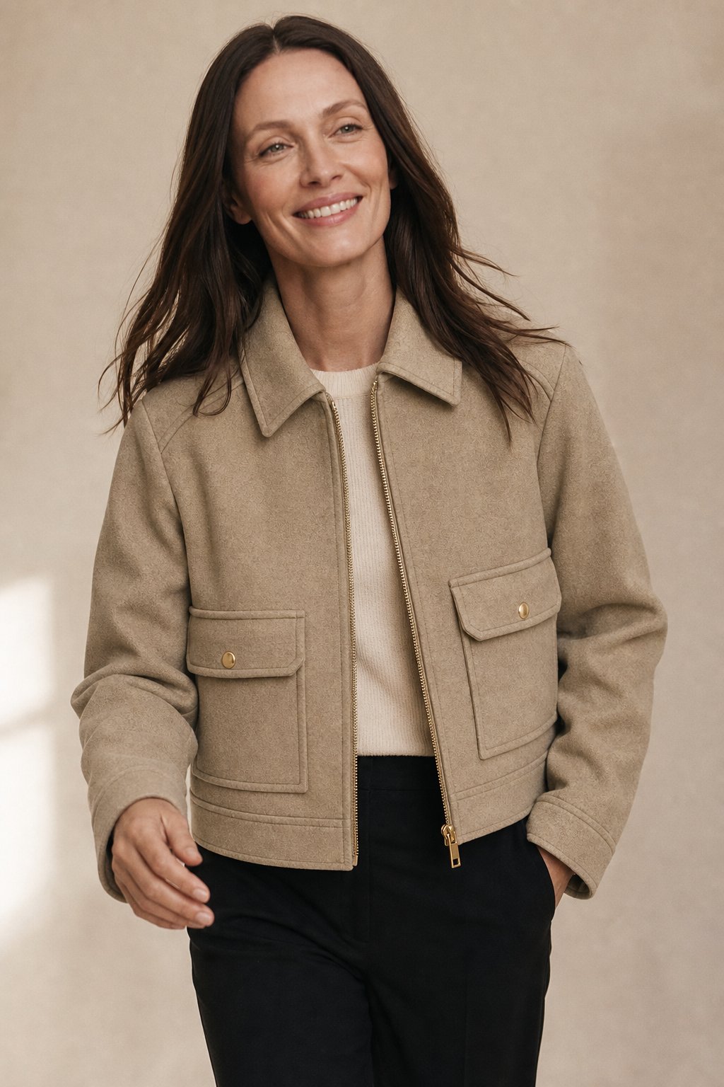 Women's Cropped Wool Blend Utility Jacket with Zip Front and Pockets
