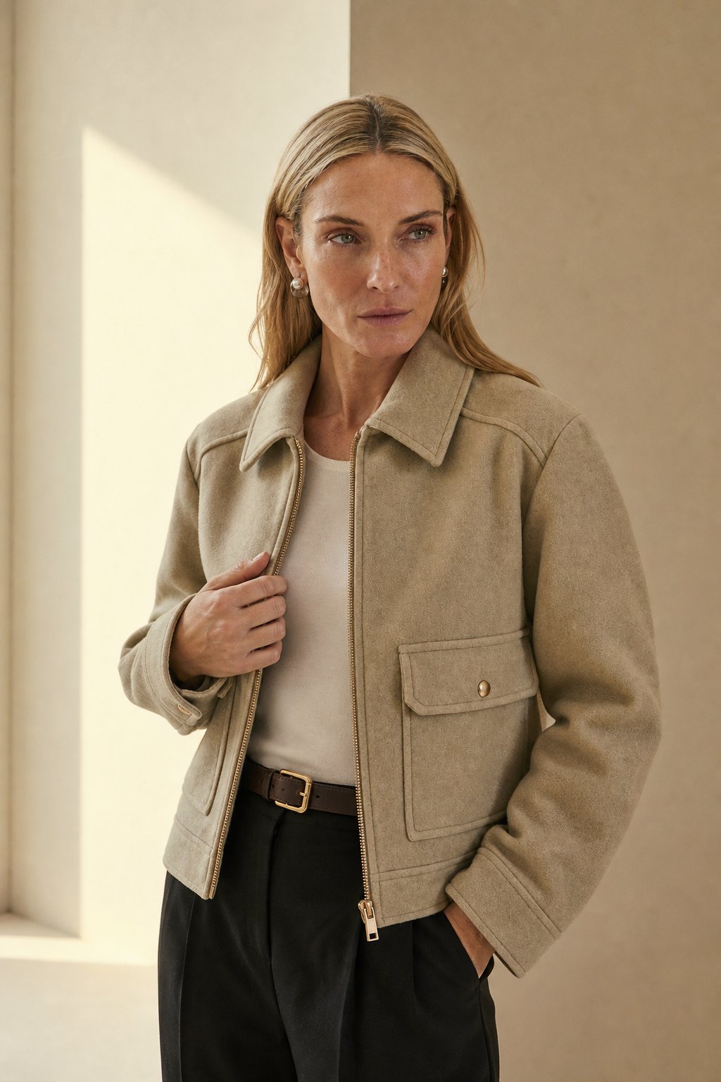 Women's Cropped Wool Blend Utility Jacket with Zip Front and Pockets