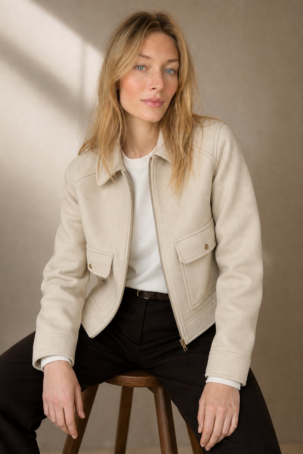 Women's Cropped Wool Blend Utility Jacket with Zip Front and Pockets
