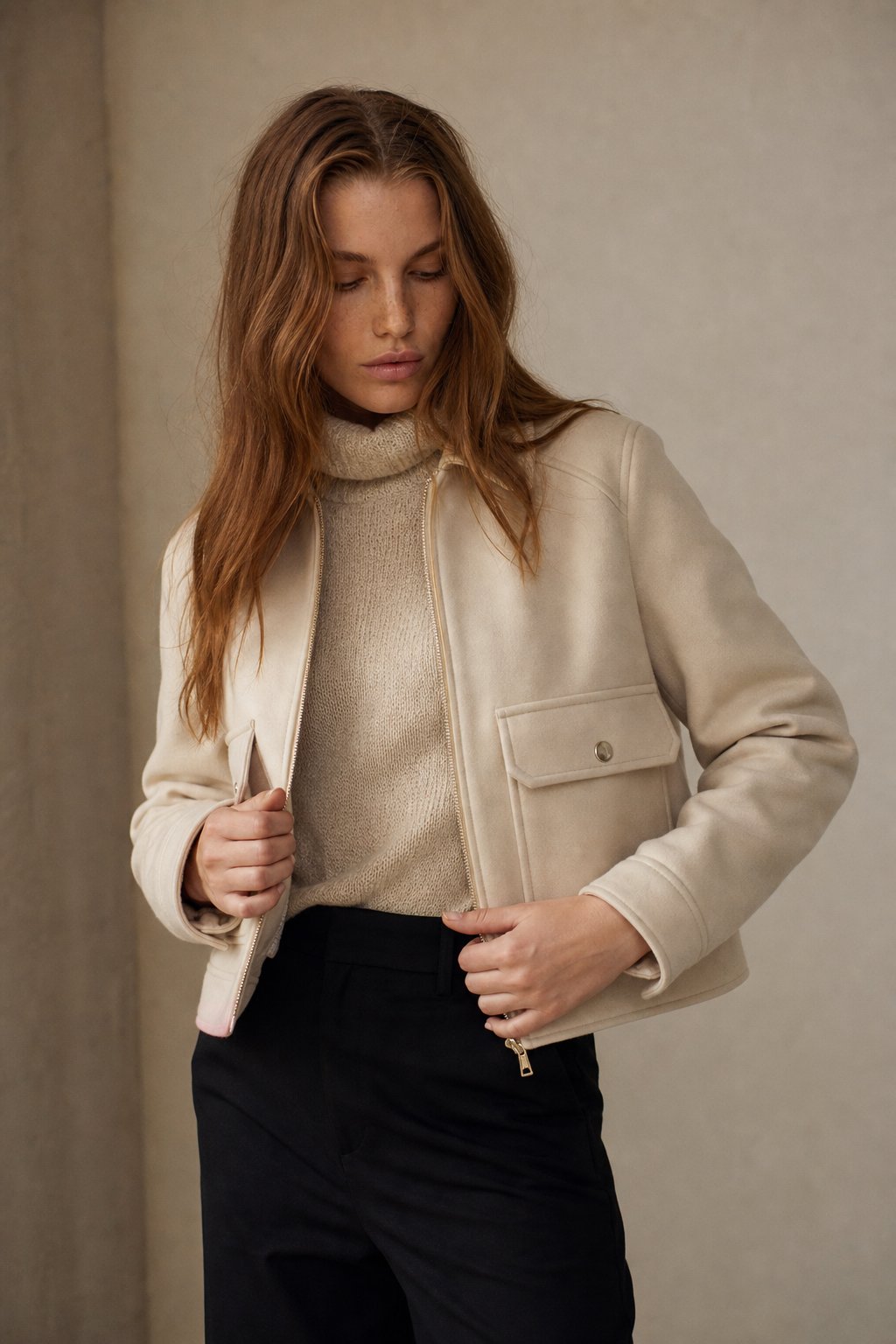 Women's Cropped Wool Blend Utility Jacket with Zip Front and Pockets