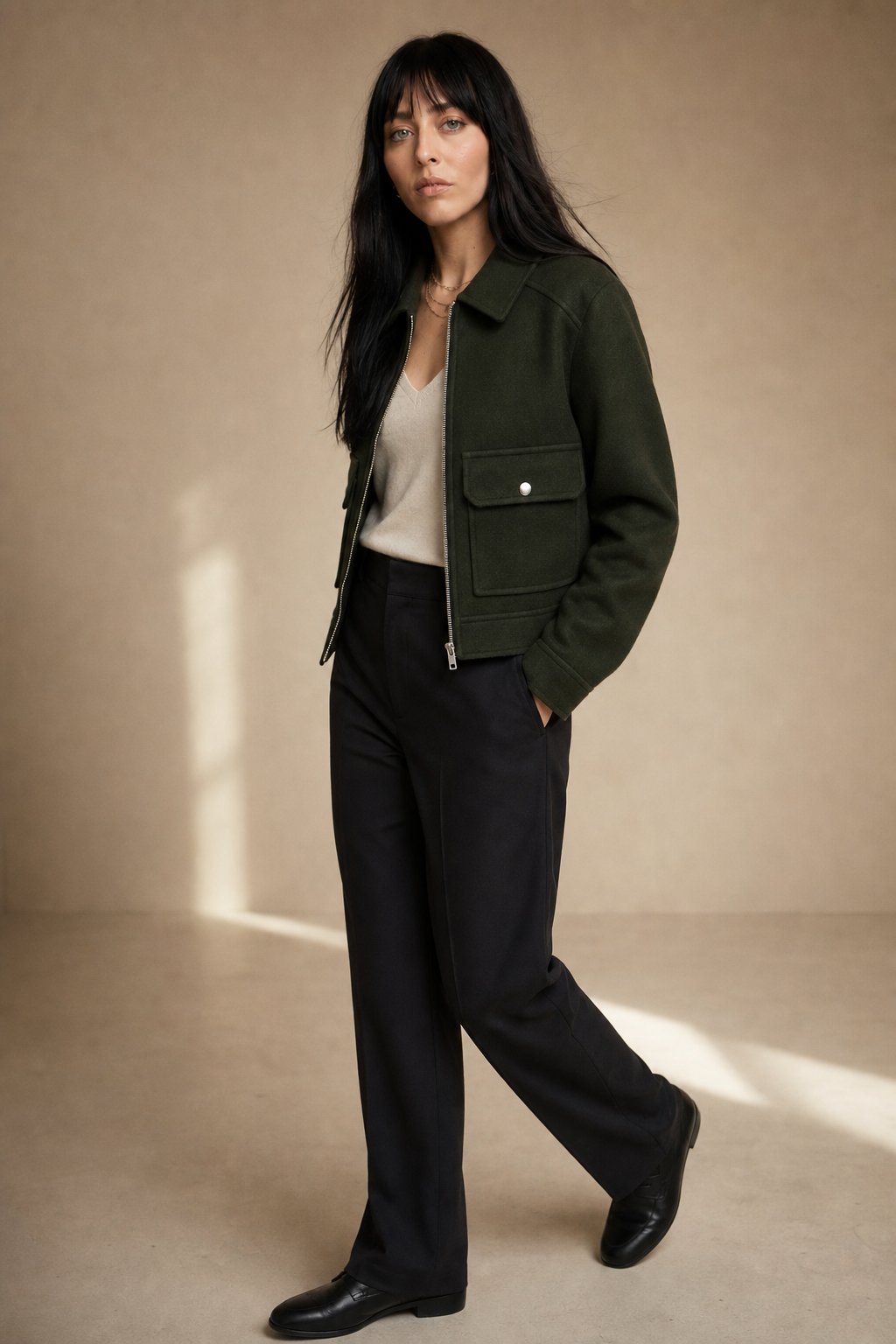 Women's Cropped Wool Blend Utility Jacket with Zip Front and Pockets