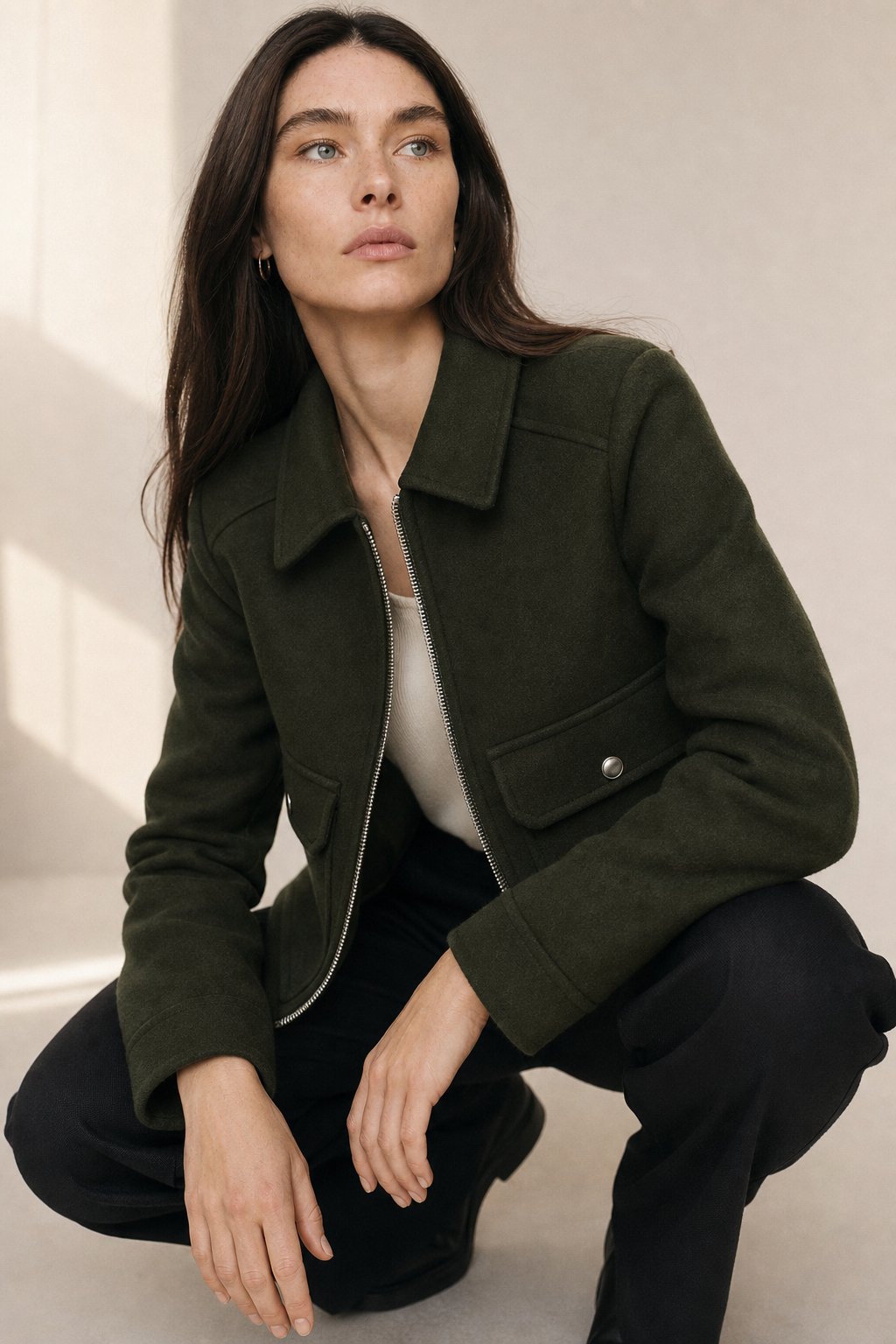 Women's Cropped Wool Blend Utility Jacket with Zip Front and Pockets