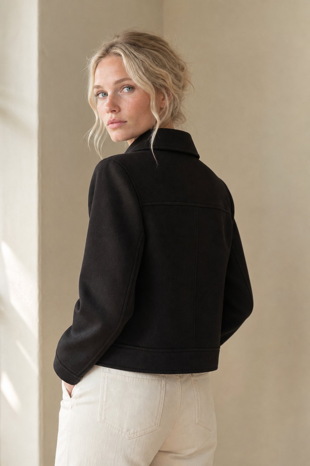 Women's Cropped Wool Blend Utility Jacket with Zip Front and Pockets