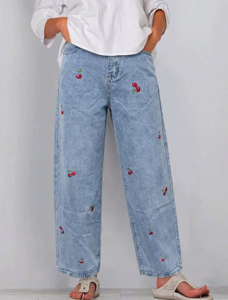 Blue heart print denim trousers