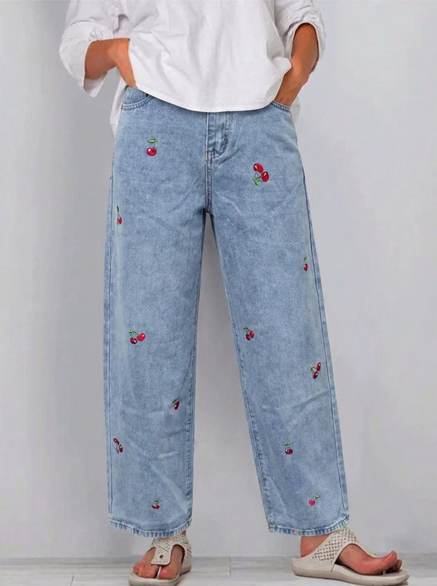 Blue heart print denim trousers