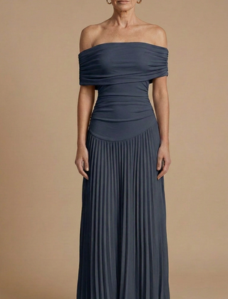 Womens Elegant Pleated Maxi Dress | Off-Shoulder Formal Gown for Weddings and Special Events 4