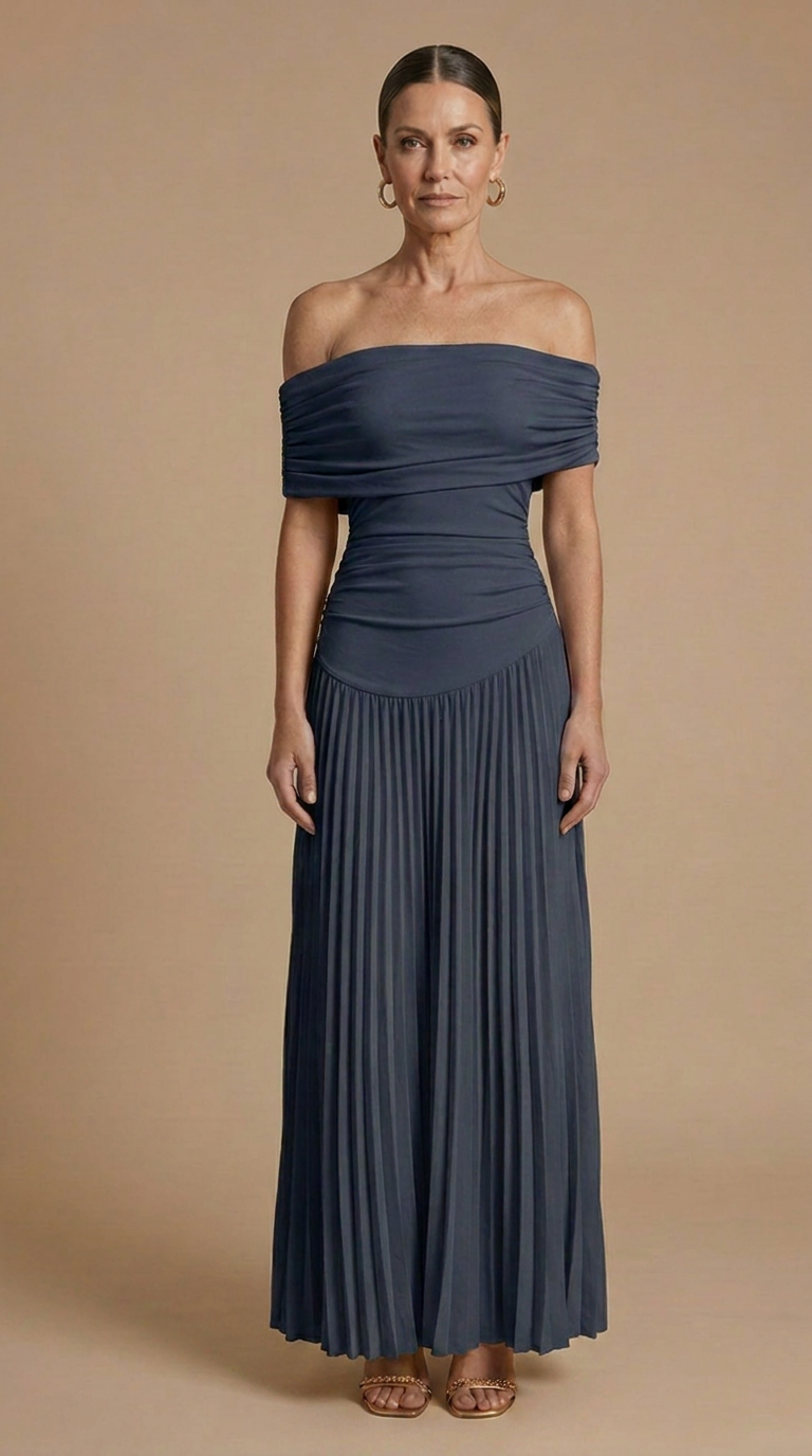 Womens Elegant Pleated Maxi Dress | Off-Shoulder Formal Gown for Weddings and Special Events 4