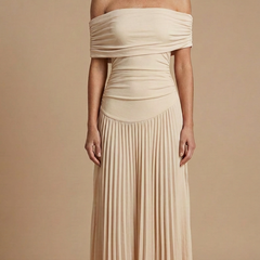 Womens Elegant Pleated Maxi Dress | Off-Shoulder Formal Gown for Weddings and Special Events 1